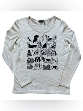 Tricotto Dog Print Sweater Small Cream Knit Novelty Graphic Dogs Embellished Top